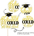 1 PCS She Believed She Could So She Did Cake Topper with Glitter Grad Cap Cake Pick Class of 2026 Senior Graduation Cake Decoration for 2026 Graduation Theme Party Decorations Supplies Black Gold