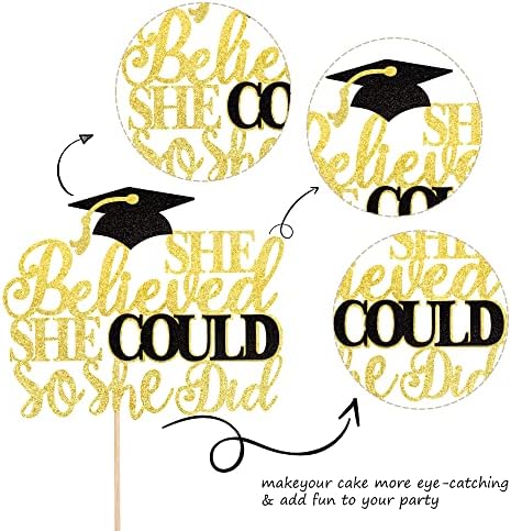 1 PCS She Believed She Could So She Did Cake Topper with Glitter Grad Cap Cake Pick Class of 2026 Senior Graduation Cake Decoration for 2026 Graduation Theme Party Decorations Supplies Black Gold