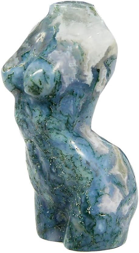 KINO Moss Agate Goddess Body with Druzy Crystal Carved Female Model Gemstone Figurines Pocket Stone Statue Healing Crystals Quartz Geode