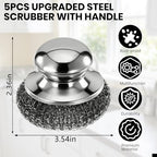 5PCS Steel Wool Scrubber with Handle,Stainless Steel Scrubber for Cast Iron Scrubber and Pot Scrubber, Steel Wool Pads with Handle for Kitchen Cast Iron, Kitchen Pots, Pans, Grill, Stoves, Sink