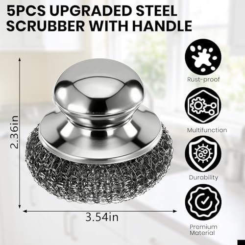 5PCS Steel Wool Scrubber with Handle,Stainless Steel Scrubber for Cast Iron Scrubber and Pot Scrubber, Steel Wool Pads with Handle for Kitchen Cast Iron, Kitchen Pots, Pans, Grill, Stoves, Sink