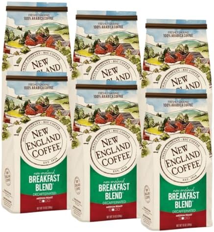New England Coffee Breakfast Blend Decaffeinated Medium Roast Ground Coffee, 10oz Bag (Pack of 6)