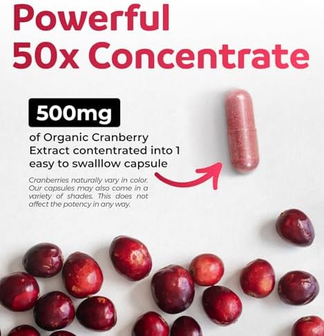 Organic Cranberry Pills - Vegan Supplement for Urinary Tract Health & Kidney Cleanse - Cranberry Pills for Women 500mg 50:1 Cranberry Concentrate Per Serving - Urinary Tract Support - 60 Capsules