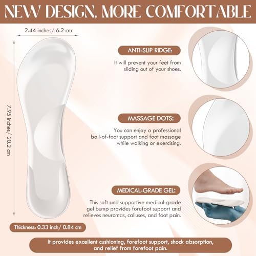 4 Pairs 3/4 High Heel Gel Cushion Inserts for Women Self-Adhesive Arch Support Anti-Slip Inserts for Sandal Dress Shoe High Heels Pumps Open Toes Flats, Fits Women 5-9 Size (Pu+Gel,Clear)