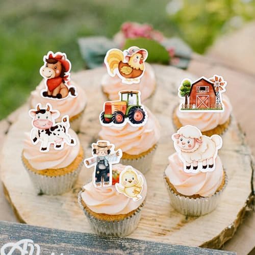 45Pcs Edible Farm Theme Cupcake Toppers Wafer Paper Animal Cartoon Tractor Barnyard Cupcake Toppers Drink Topper Dessert Muffin Cake Picks Cake Decoration for Baby Shower or Birthday Party Decoration