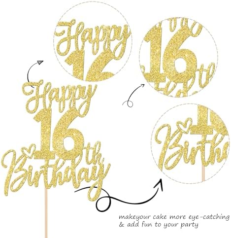1 PCS Happy 16th Birthday Cake Topper Glitter Cheers to 16 Years Birthday Cake Pick Sixteen Sweet 16 Cake Decoration for Happy 16th Birthday Anniversary Theme Party Decorations Supplies Gold