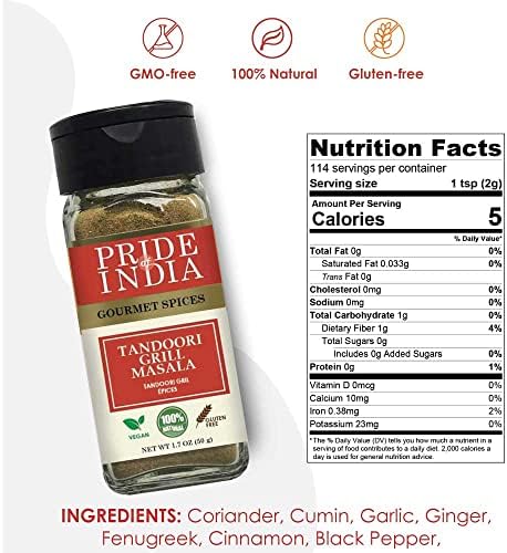 Pride of India – Tandoori Grill Masala – Blend of Exotic & Gourmet Spices – Ideal for Vegetable, Meat & Chicken Cooking – GMO Free – Easy to Use - 1.7 oz. Small Dual Sifter Bottle