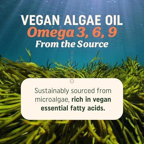 Vegan Omega 3 6 9 Algae Oil | Plant Based DHA EPA | Sustainably Sourced, No Carrageenan | Heart, Brain & Eye Health Support | Fish Oil Alternative | Omega 3 Fatty Acid Supplements | 60 Softgels