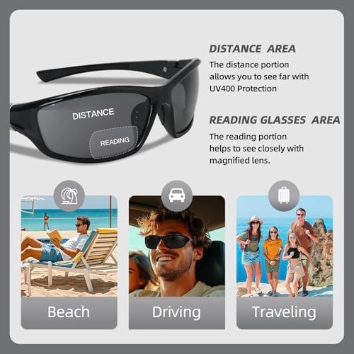 Sport Bifocal Reading Sunglasses for Men, Wrap Around Sunglasses with Bifocals Sunglass Readers for Men, Black/Blue