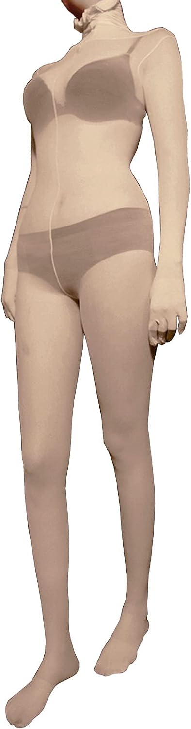 leesuo Women Men Velvet Sheer Full Bodystocking High Elastic See Through Sheer Bodysuit Catsuit with Half Hood Gloves Toes