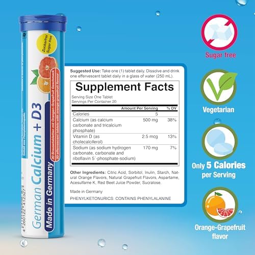German Calcium + Vitamin D Drink Effervescent Tablets 60 Servings Orange-Grapefruit Flavour - 500 mg Calcium, 2,5 μg Vitamin D3 - T&D Pharma – Made in Germany
