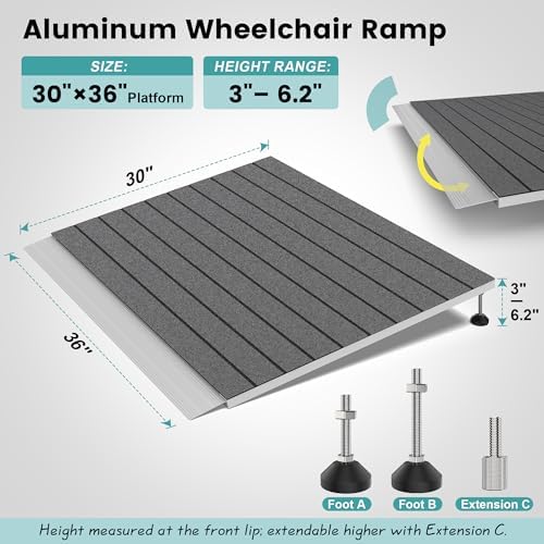 Threshold Ramps for Wheelchairs, Adjustable Height 3"–6.2" and 30"×36" Platform Aluminum Wheelchair Ramp, Door Threshold Ramps with a Non-Slip Thick Door Mat for Scooters, Power Chairs, Cart
