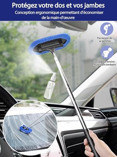 3 in 1 Car Windshield Cleaner Tool 40”Car Rearview Mirror Wiper Squeegee Wash Brush Extra Large Washable Microfiber Pad Extendable Handle Auto Window Glass Cleaning Kit Interior Exterior Dusting