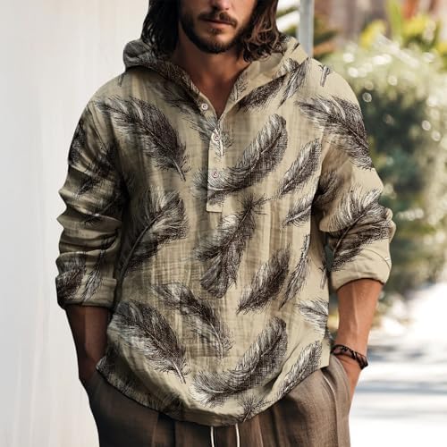 LOAIHA Mens Artistic Print Hooded Sweatshirt Long Sleeve Cotton Blend Lightweight Pullover Button Top for Autumn Outfit