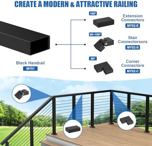 Flat Handrail Vertical Pivot Connectors, 1 Pack 180° Adjustable Hand Rail Fitting with Screws, POM Black Invisible Handrail Accessories for Stair Railing System, MY02-S