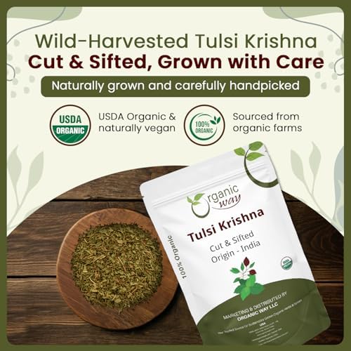Organic Way Tulsi/Holy Basil (Krishna) Cut & Sifted (Ocimum Tenuiflorum) - Herbal Tea | Organic & Kosher Certified | Raw, Vegan, Non GMO & Gluten Free | USDA Certified | Origin - India (1LBS / 16Oz)
