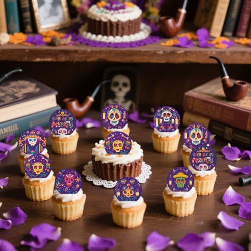 36PCS Edible Dia De Los Muertos Cupcake Toppers Wafer Paper Day of The Dead Cupcake Picks Skeleton Sugar Skul Cupcake Toppers for Mexican Fiesta Theme Party Decor Supplies (Skull)