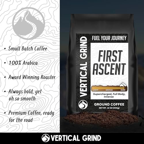 Vertical Grind First Ascent – Arabica Ground Coffee Dark Roast, Small-Batch Roasted, Bold Smooth Flavor, Dark chocolate smoky finish, Adventure-Inspired Premium Coffee, All Brewing Methods, 12 oz