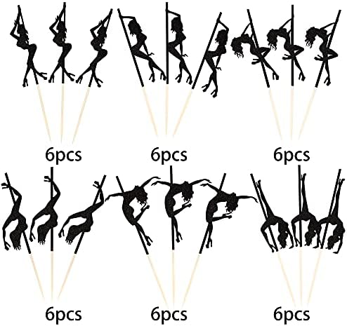 36 PCS Pole Dance Girl Cupcake Toppers Black Glitter Pole Dancing Cupcake Picks Bachelorette Bridal Shower Birthday Party Cake Decorations Supplies