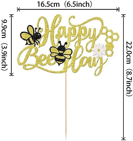 1 PCS Happy Bee Day Cake Topper Glitter Honeycomb Flower Bumble Bee Theme Cake Pick Baby Shower Bee Cake Decoration for Gender Reveal Baby Shower Kids Boys Girls Birthday Party Supplies Gold
