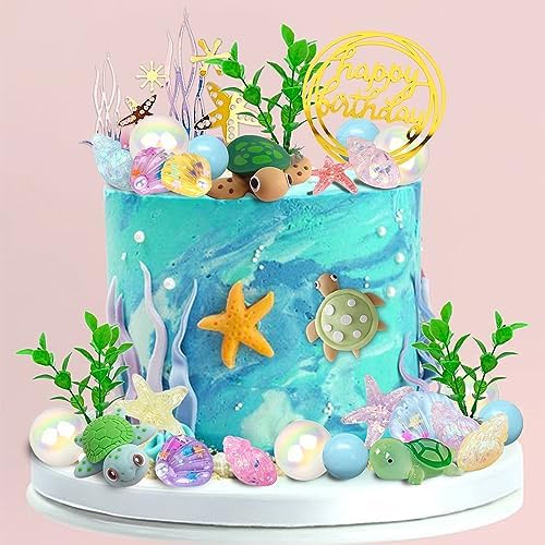 34pcs Turtle Cake Topper Under the Sea Cake Decoration with Ocean Turtle Starfish Conch and Seashells for Sea Theme Birthday Party Baby Shower Supplies