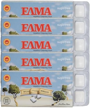 ELMA Sugar Free Greek Chewing Gum with Natural Chios Resin Gum Mastic and Mastiha Oil - 5 x 10-Packs