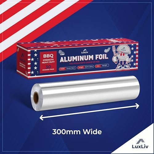Aluminum Heavy Duty 30 Micron Tin Foil Roll – 12 inch wide x150ft ft Length,150 sq ft – BBQ Grade & Extra Thick, Strong Enough for Food Service Industry with cutter - LuxLiv®