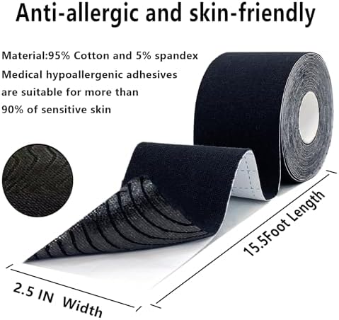 SOON GO Kinesiology Tape Pro 5 Rolls, 2 Inch High Elasticity Sports Tape Therapeutic Pain Relief–Physio Tape for Muscle Recovery & Joint Support, Waterproof & Hypoallergenic & Breathable–Black