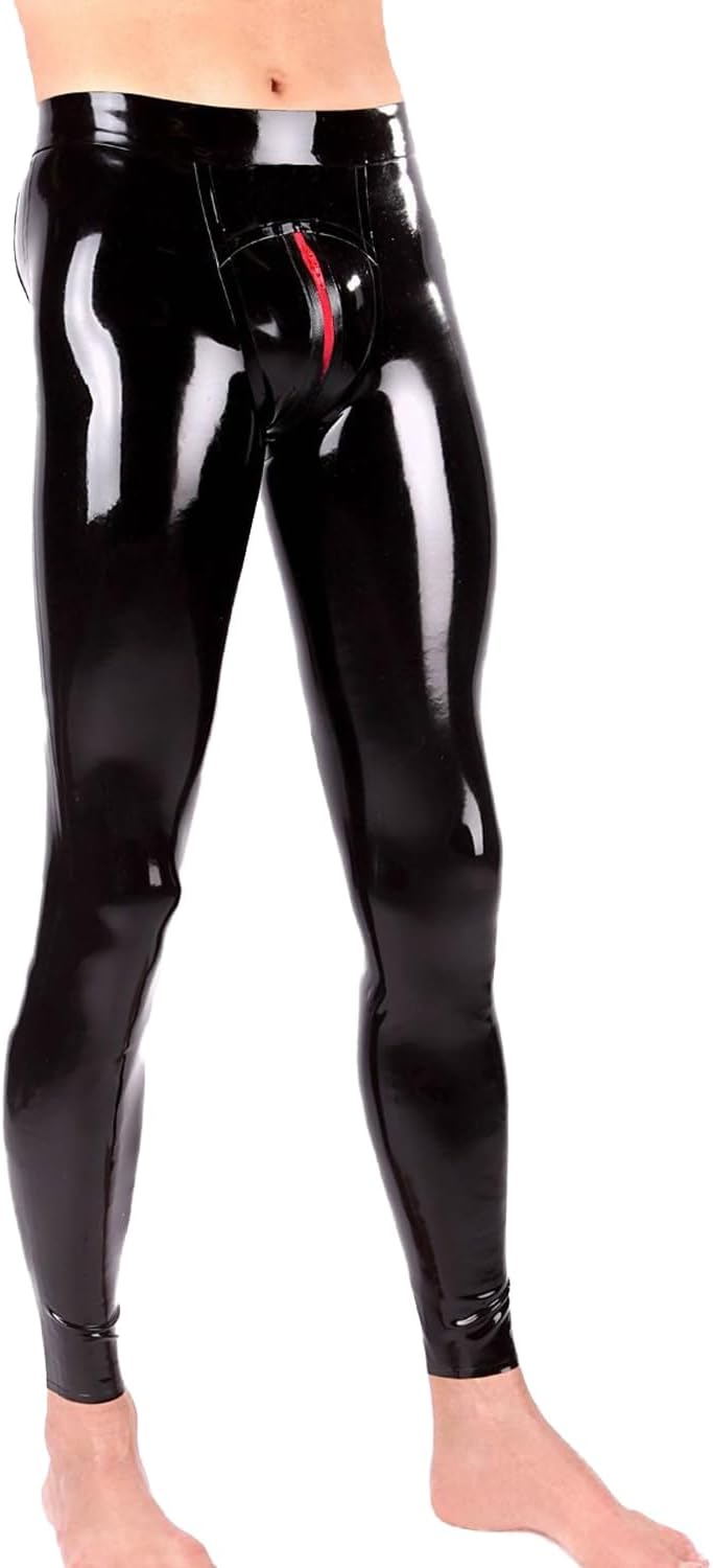 Men's Latex Leggings with Red Zipper Around The Crotch,Low Waist Latex Rubber Pants Handmade