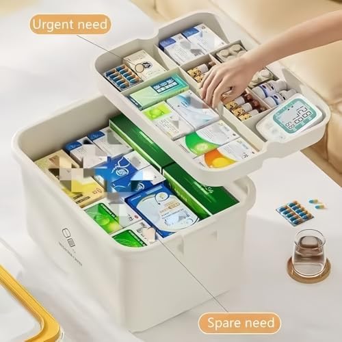 Plastic Medicine Storage Organizer & First Aid Box, Medicine Box with Handles, Multipurpose Medical Supply Organizer with Removable Tray for Home, Office & Travel（small）