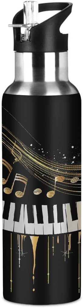 Music Theme Water Bottle Vacuum Insulated Stainless Steel Piano Keyboard Music Notes Mug Kids Water Bottle with Straw and Handle Keep Hot Cold Sport Bike Fit Travel Outdoor 20 oz