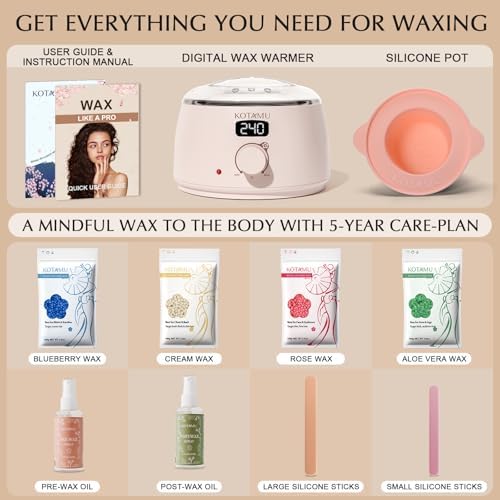 KOTAMU Waxing Kit for Women & Men, Wax Warmer for Hair Removal, Digital Wax Kit with Silicone Pot, Ideal for Face Eyebrow Arm Legs Armpit &Sensitive Skin, Pink Waxing Machine for Home Salon Use