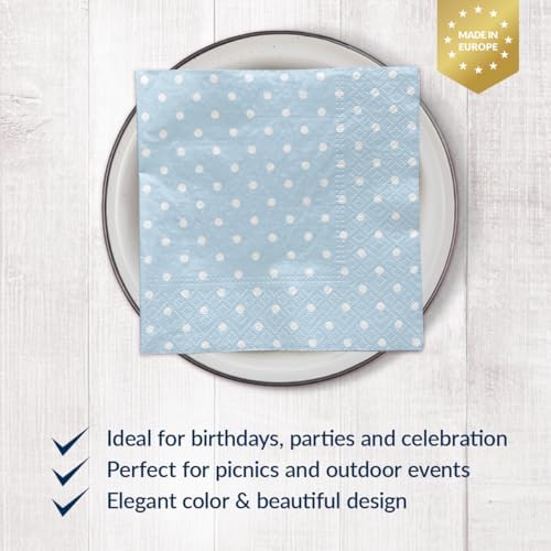 PAW - Luncheon Baby Blue Napkins 6,5'' x 6,5'', Disposable Paper Napkins with White Dots, Lunch Napkins for Baby Shower, Gender Reveal, Bridal Party, Decoupage, Tableware Party Supplies, 50 Count