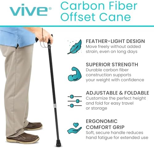 Vive Adjustable Carbon Fiber Walking Cane for Elderly Men & Women - Lightweight Grip Handle for Balance & Comfort - Fancy Single Tip Medical Stick, Fashionable Disability Comfort & Mobility Accessory