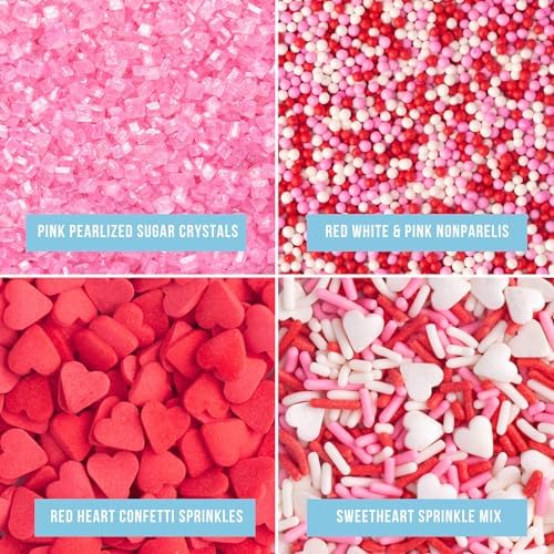Sweets Indeed Valentines Day Sprinkles 4 Pack | Pink Sanding Sugar, Red White Pink Nonpareils, Red Heart Sprinkles & Valentine Jimmies Mix | Baking & Decorating 10.90 ounces