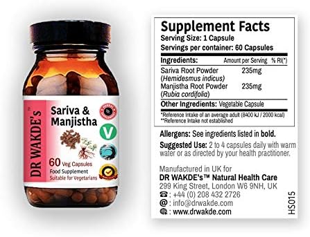 DR WAKDE's Sariva & Manjistha Capsules (60 Veg Caps, Detoxifying Herbs, Supports Healthy Skin, Ayurvedic Supplement, Vegan, Herbal, All Natural, Made in UK)