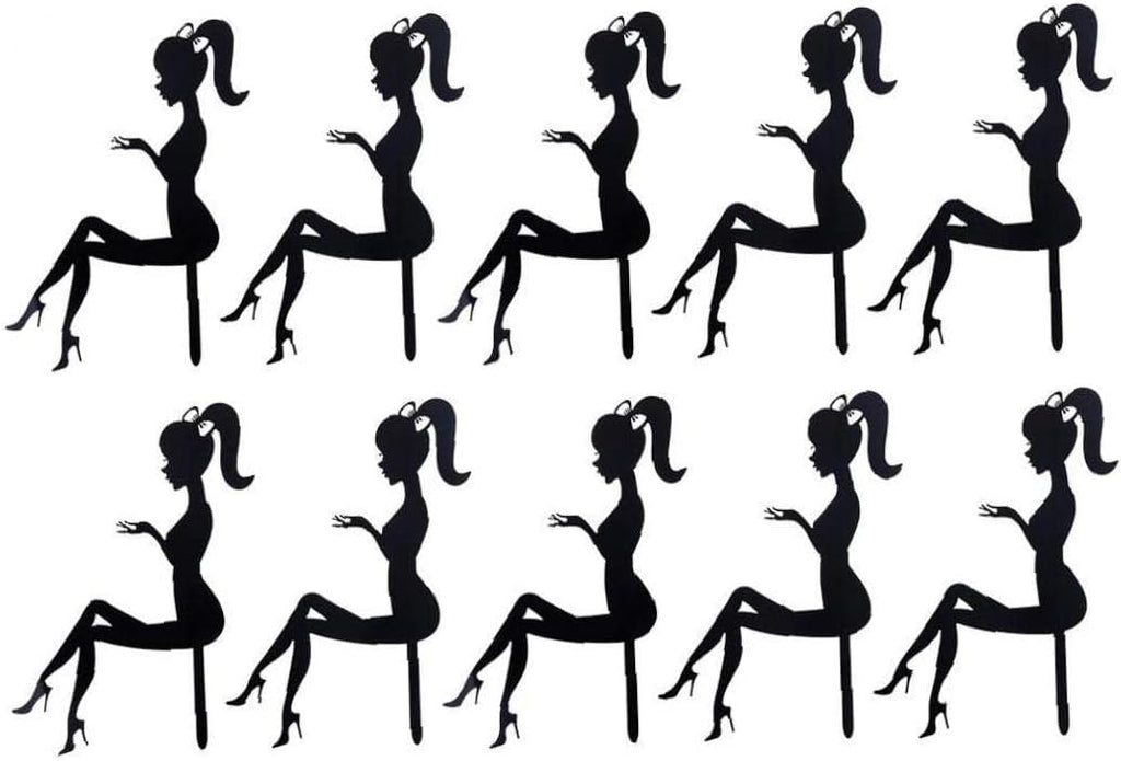Women Birthday Cake Topper 10pcs High Heels Lady Cupcake Toppers Acrylic Princess Fairy Girl Silhouette Dessert Picks for Wedding Party, Black, 16.6*10.3cm