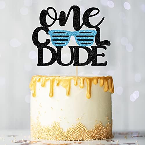 One Cool Dude Cake Topper - Baby Boy 1st Birthday Cake Decoration - Birthday Dude Photo Props(Black and Blue)