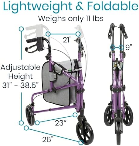 Vive Mobility 3 Wheel Walker - Three Wheeled Rollator for Seniors - Lightweight, Foldable, Narrow, Heavy Duty - for Elderly Men Women - Folding 3-Wheel Tri Scooter with Basket Bag