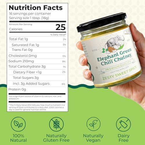 Elephant Green Chili Chutney - 100% Natural, Vegan & Gluten-Free - Bold & Tangy Green Chili Condiment - Fresh Cilantro & Coconut - Perfect for Dipping, Spreading, Cooking & More - 9oz Jar (Pack of 1)