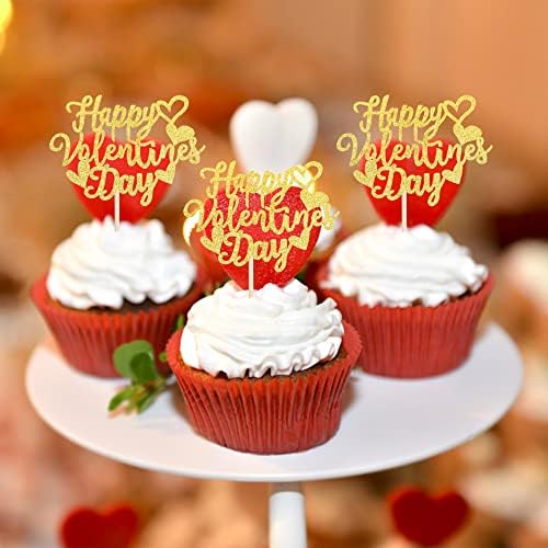 24 Pack Happy Valentine's Day Cupcake Toppers with Heart Glitter Sweet Love Theme Valentine's Day Cupcake Food Picks Valentine's Day Theme Birthday Party Cake Decorations Supplies Gold