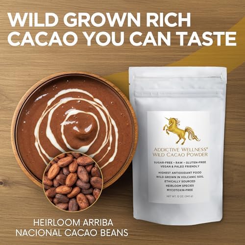 Addictive Wellness Raw Cacao Powder - Wild-Grown Heirloom Mycotoxin-Free Arriba Nacional Unsweetened Chocolate Powder, Vegan, Keto & Paleo Friendly 340g (12 Ounce)
