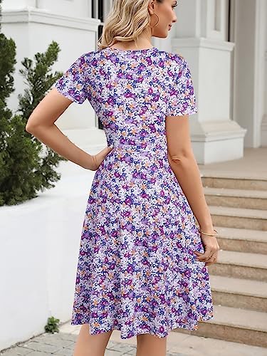 Women's Elegant Criss-Cross V Neck Vintage Short Sleeve Work Casual Fit and Flare Tea Dress with Pockets 980