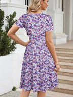 Women's Elegant Criss-Cross V Neck Vintage Short Sleeve Work Casual Fit and Flare Tea Dress with Pockets 980