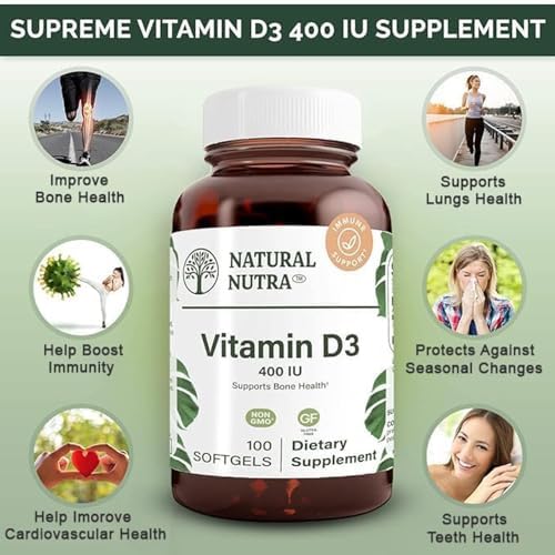 Natural Nutra 100 Vitamin D3 400 IU Softgels - VIT D Supports Immune Function, Bone & Teeth Health - Sunshine Vitamin D Formula for Cardiovascular & Lung Support - Gluten-Free Dietary Supplement