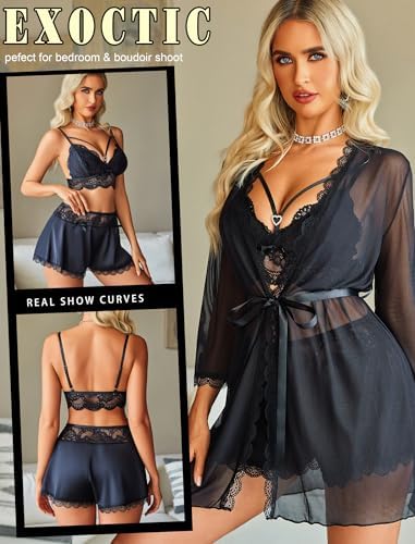 Avidlove Women Sexy Pajamas Set 3 Piece Lingerie Lace Cami Sleepwear and Silk Satin Pjs Sets with Mesh Kimono Robe