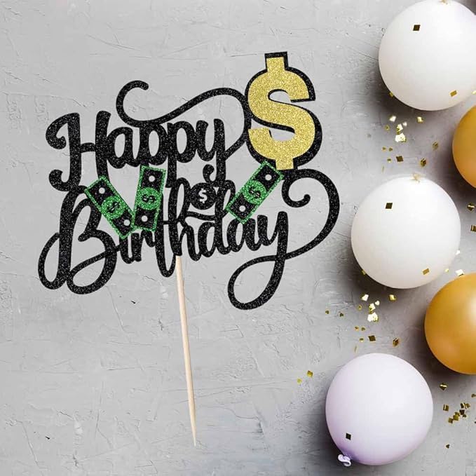 Dollar Happy Birthday Cake Toppers, Money Cake Topper Decorations for Women Men Birthday Party, Dollar Theme Party Decor Supplies (black-2)