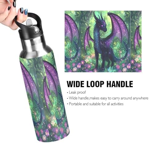 Purple Dragon Water Bottle Kids Insulated Sports Vacuum Stainless Steel Mug with Straw Lid & Handle 20 oz