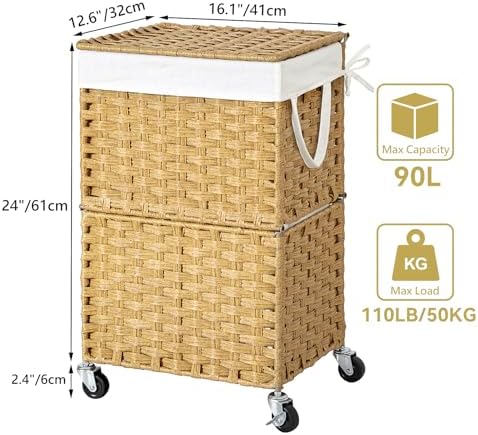 Chrislley 90L Slim Laundry Hamper with Wheels, Rolling Laundry Basket with Lid and Renovable Liner Bag, Handwoven Rattan Organizer for bedroom, bathroom, laundry room (Yellow)