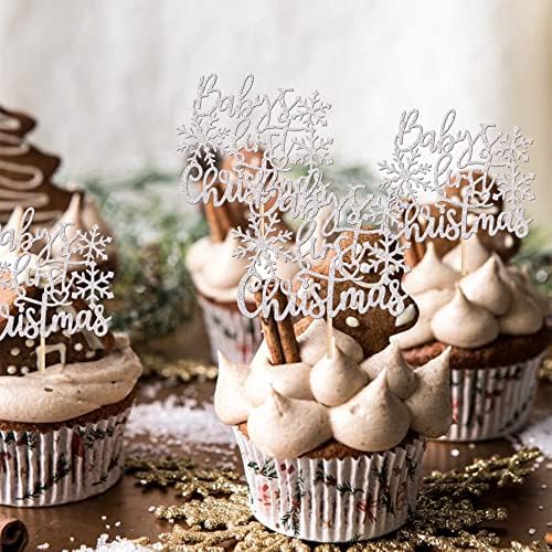 24 PCS Baby's First Christmas Cupcake Toppers Glitter Baby Shower Xmas Snowflake Cupcake Picks for Merry Christmas Theme New Year Holiday Birthday Party Cake Decorations Supplies Silver